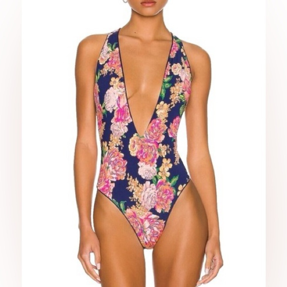 NWT Maaji Reversible Blue and Floral on Navy Deep Plunge High Leg 1 Pc. Swimsuit - Picture 4 of 10